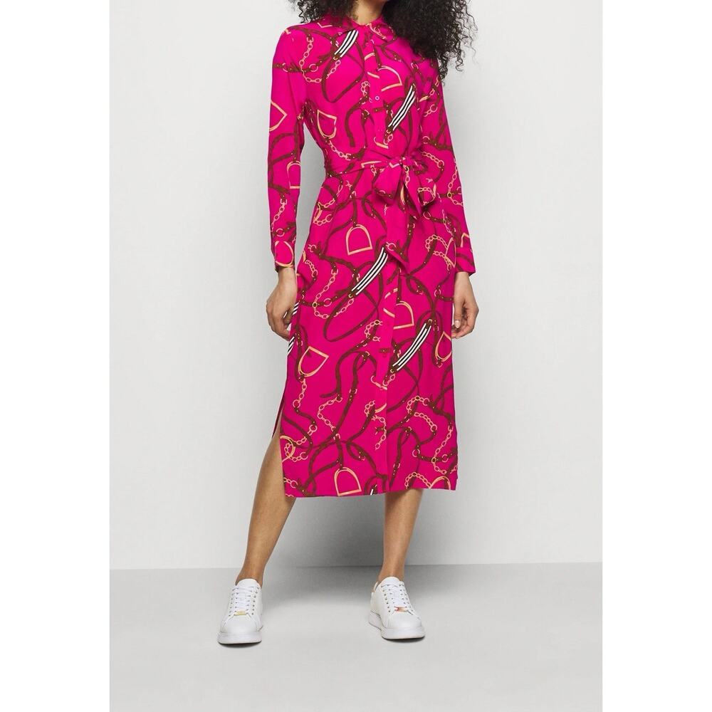 Lauren Ralph Lauren 100% Silk Pink Button Front Midi Dress Equestrian Western 2
